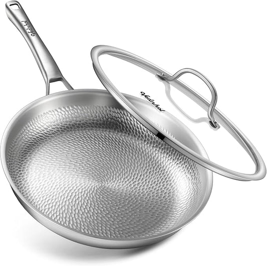 Titanium Pan, 12 Inch Pure Titanium Hammered Pro frying pan with Lid, Non Stick Skillet for Cooking, Non-Toxic, PFAS/PFOA/PTFE Free Cookware, Dishwasher&Oven Safe, Kitchen Induction Compatible