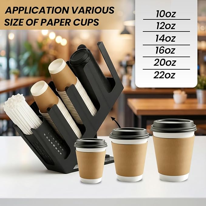 Coffee Cup & Lid Dispenser with Straw Organizer for Countertop – 4 Level Adjustable Paper Cup Holder for Coffee Bar, Café & Restaurant