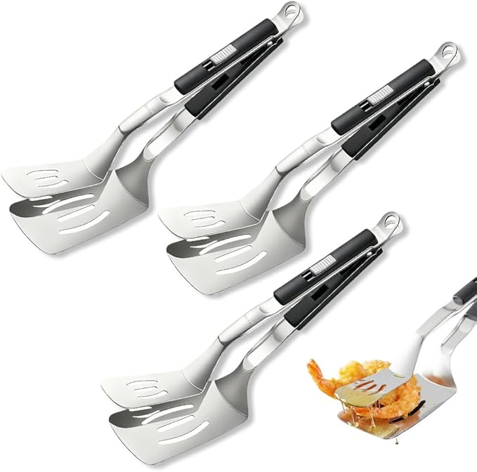 Stainless Steel Grill Clamp, 2026 Upgraded Multifunctional Frying Spatula, Rubber-Grip Tongs-Spatula, Perfect for Grilling, Cooking, Frying, and Griddling (3)