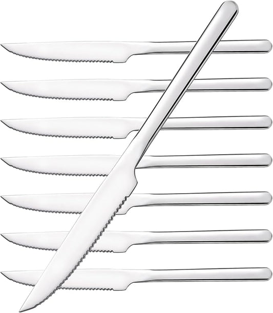 KINGSTONE Sharp Steak Knives, German Stainless Steel Steak Knife Set of 8 with Full-Serrated Blade, 9.4-Inch Sleek Design Table Knives, Mirror Polished
