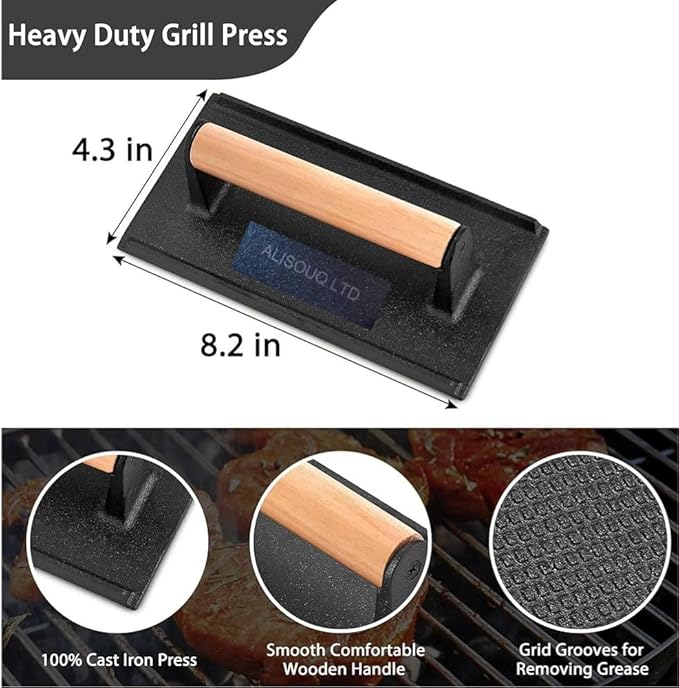 ALISOUQ 2Pcs Burger Smasher, Burger Smasher for Griddle, Heavy Duty Burger Press for Professional-Quality Patties, Hamburger Press with Wood Handle grilling Panini, Steaks, Bacon (Round & Rectangle)