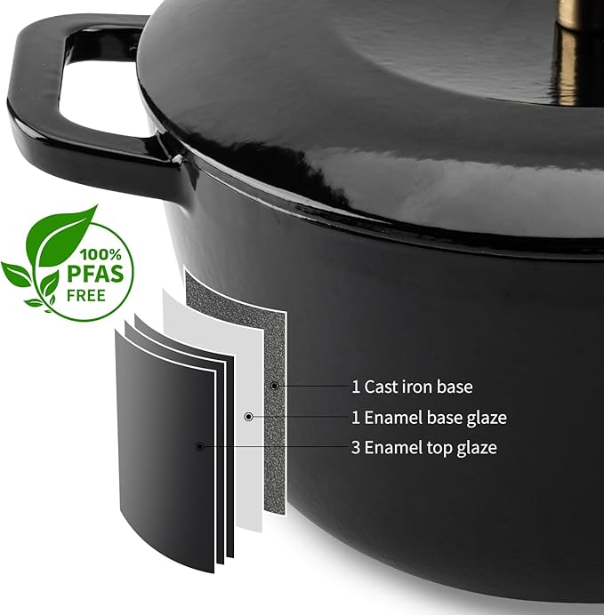 WOKINS Enamel Cast Iron Dutch Oven with Lid,Dual Handles,Heavy-Duty Cookware for Sourdough Bread Baking,Braising,Stews,Roasting,Oven Safe up to 500° F,5.5QT,black