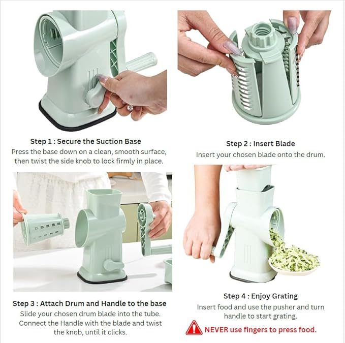 6 in 1 Rotary Cheese Grater Hand Crank with 6 Stainless Steel Blades, Cheese Shredder with Reinforced Suction Base, Grater For Cheese, Vegetables, Nuts and Ice, Easy to Clean