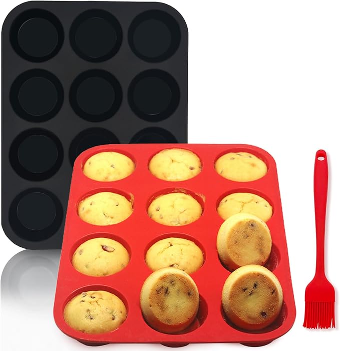 Bongpuda Silicone Muffin Pan Set,2 Pcs 2.8" 12 Cups Egg Bite Mold,Non-Stick,Easy Release,For Egg Muffins, Cupcakes, Large Muffins,Pizza Muffins,Cheesecakes(Black + Red)