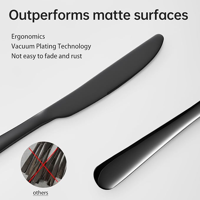Dinner knives Food-Grade Stainless Steel butter knives set of 6 black knife 9Inch seamless easy to clean Dishwasher Safe (Black)
