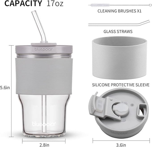 Glass Cups with Lids and Straws,16oz/480ml Reusable Iced Coffee Glasses & Juice Bottles,Cold Brew Tumblers with Leakproof Lids,BPA-Free Glass Jars for Juicing,Matcha,Tea,Smoothie (Grey with Sleeve)
