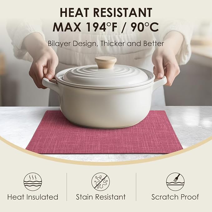 Placemats Set of 4, Bilayer Thickened Linen Place Mats Heat Resistant Machine Washable Wrinkle Free Carefully Selected Polyester Mats for Kitchen/Dining/Coffee Table (Pink)