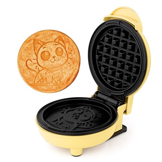 Holstein Housewares Kitty Waffle Maker – Cute Cat-Shaped, 4-Inch Yellow Mini Waffle Iron, Non-Stick, Fun Breakfast Appliance for Kids & Cat Lovers