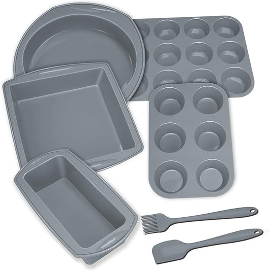 Economical 7in1 Nonstick Silicone Baking Cake Pan Cookie Sheet Molds Tray, Heat Resistant Bakeware Tools for Muffin Loaf Bread Pizza Cupcake