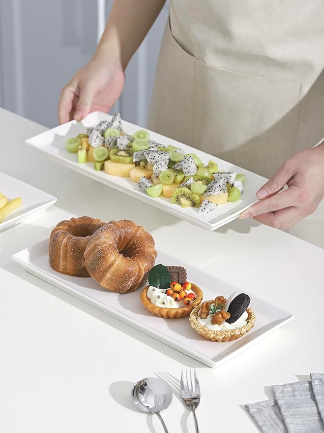 Kanwone White Serving Platters, Porcelain Serving Trays for Parties, Large Rectangular Plates - 14.5 Inch, Set of 4