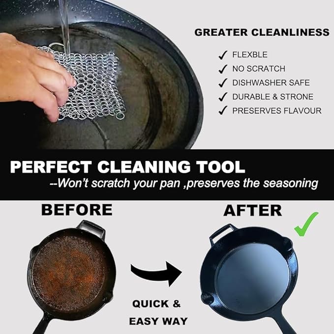 BabriInta Cast Iron Scrubber - 6 Inch Stainless Steel Chain mail Scrubber for Cast Iron Pans Cleaner Chainmail Scrubber for Skillet, Wok, Pot, Dutch Ovens