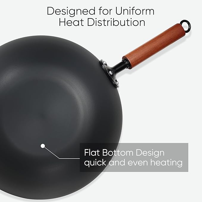 CAROTE 12" Carbon Steel Wok Pan, 4.5QT Woks & Stir-fry Pans Nonstick, No Chemical Coated Pre-Seasoned Flat Bottom Wok with Lid for Stir Fry, Chinese Cast Iron Wok, Cooking Pan, All Stovetop Compatible
