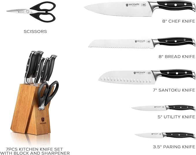 BRODARK Knife Set: 7 Piece Ultra Sharp Kitchen Knife Set Without Steak Knives, Knives Set for Kitchen with High Carbon Super Steel & Ergonomic Handle, Acacia Wood Block with Scissors and Sharpener