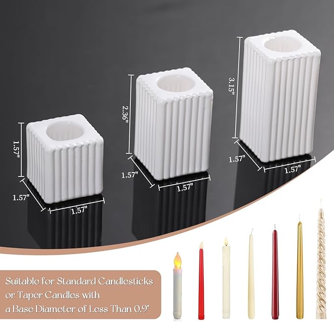 LETINE 12pcs White Vertical Stripe Glass Candlestick Holders - Chic Taper Candle Sticks Holder Set for Elegant Dining & Home Decor - Ideal for Wedding Centerpieces, Parties, and Celebrations