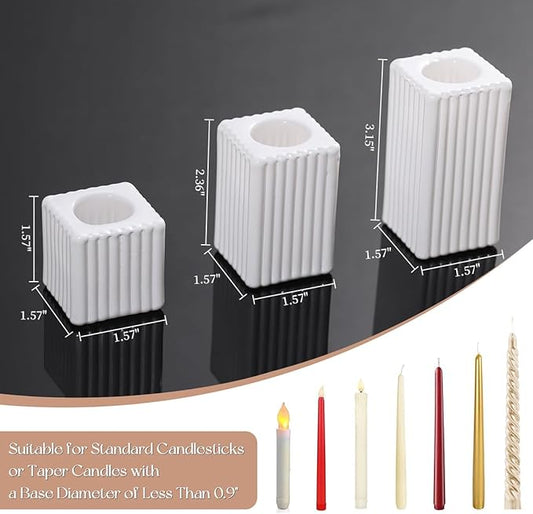 LETINE 12pcs White Vertical Stripe Glass Candlestick Holders - Chic Taper Candle Sticks Holder Set for Elegant Dining & Home Decor - Ideal for Wedding Centerpieces, Parties, and Celebrations