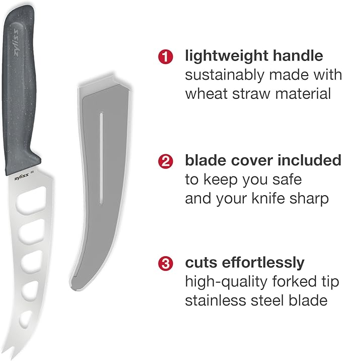 Zyliss Cheese Knife – Stainless Steel Blade with Non-Stick Holes & Forked Tip for Serving – Cuts Soft, Semi-Soft & Firm Cheeses – Wheat Straw Handle, Dishwasher Safe, 5-Year Guarantee – 5"
