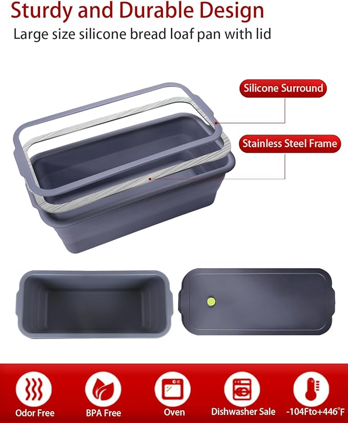 CHICHAUS Large size foldable silicone bread loaf pan with lid,11x4.7 Inch easy to store non stick Bread Baking Pans,Sourdough Bread Pan with Baking Tool Supplies Kit for Homemade Bread, Cake