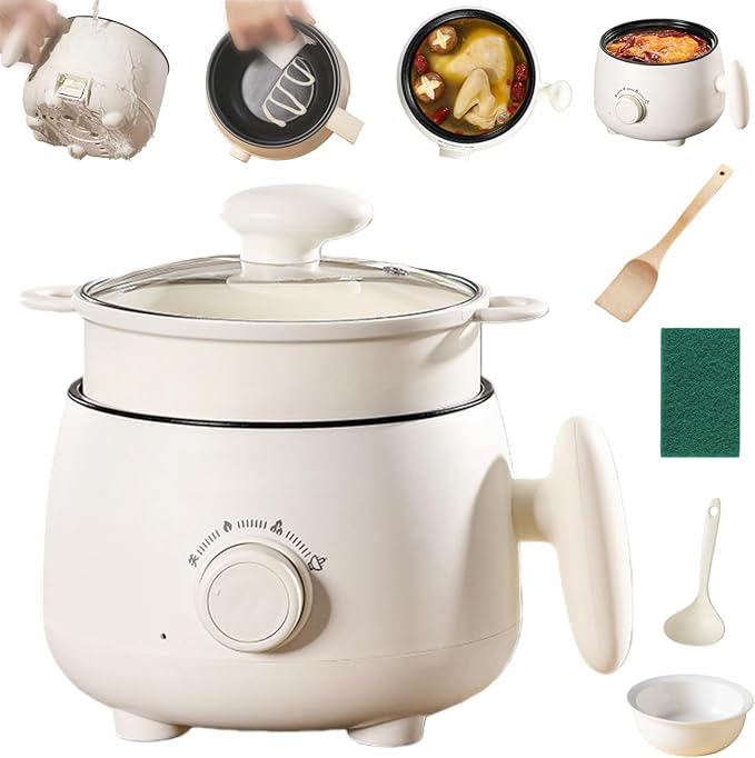 Portable Multifunctional Non-stick Electric Pot, Mini Portable Electric Hot Pot with Steamer, 3 Heat Settings, 2L Non-stick Noodle Cooker for Steaming Boiling Stir-Frying (PP Steamer)