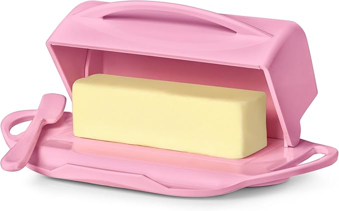 Butterie Flip-Top Butter Dish with Lid & Matching Knife, Holds 2 Sticks/European Butter, No-Mess Butter Holder, Shatterproof, Dishwasher Safe, Pink