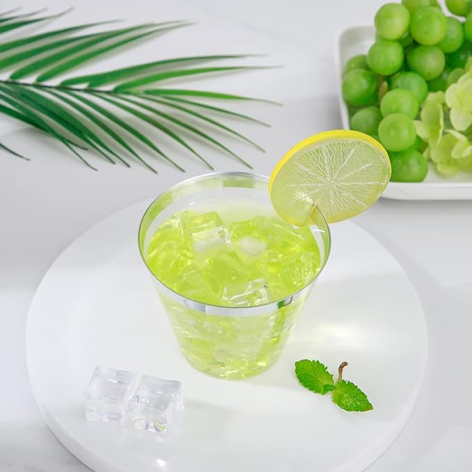 WELLIFE 120PCS Silver Disposable Plastic Cups,9 oz Clear Plastic Cups,Disposable Wine Glasses for Party