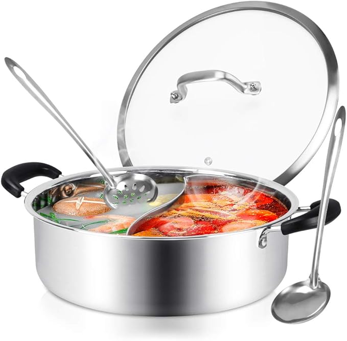 Hot Pot with Divider, Shabu Shabu Hot Pots Food Grade Stainless Steel Chinese Dual Sided Pot Set for Induction Cooktop Gas Stove