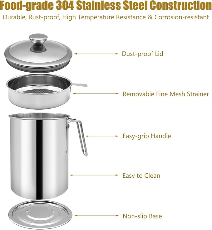 Bacon Grease Container With Strainer, 2.1L Grease Strainer and Container with Dust-Proof Lid, 304 Stainless Steel Oil Filter Storage with Fine Mesh 2.1L