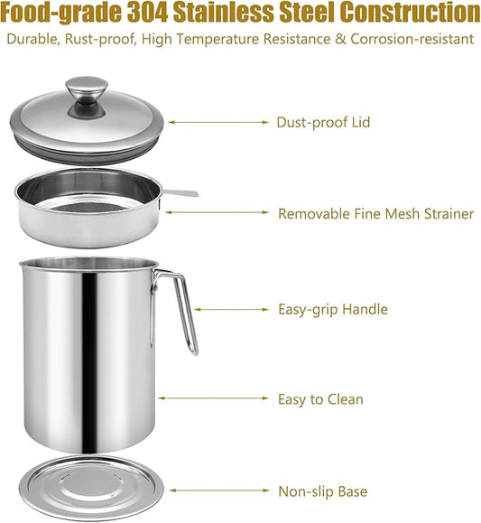 Bacon Grease Container With Strainer, 2.1L Grease Strainer and Container with Dust-Proof Lid, 304 Stainless Steel Oil Filter Storage with Fine Mesh 2.1L