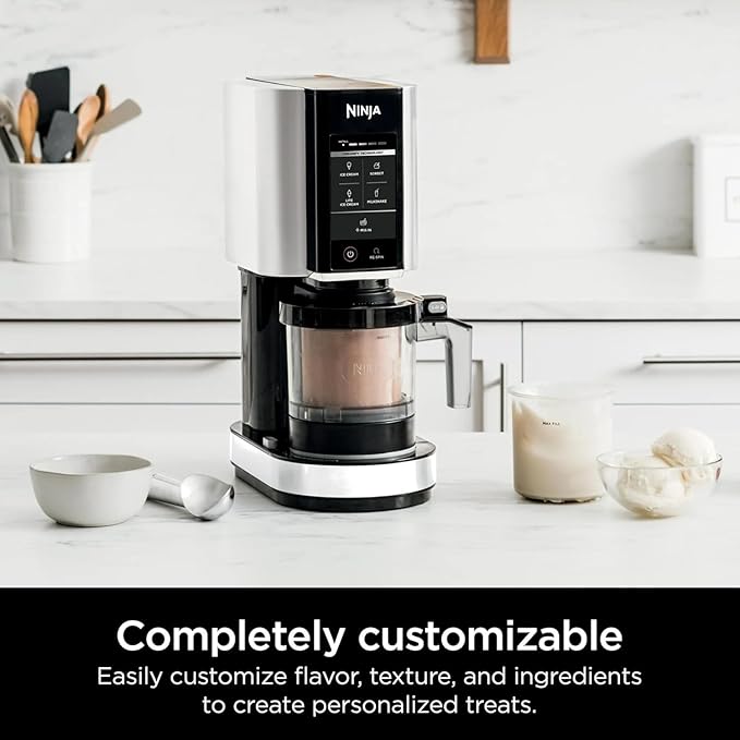 Ninja CREAMi Ice Cream Maker, 5 One-Touch Programs, Includes (2) 16oz Pints with Lids, Transform Frozen Bases to Ice Cream, Sorbets, Milkshakes, Vegan, Dairy-Free Options, NC300 White (Renewed)