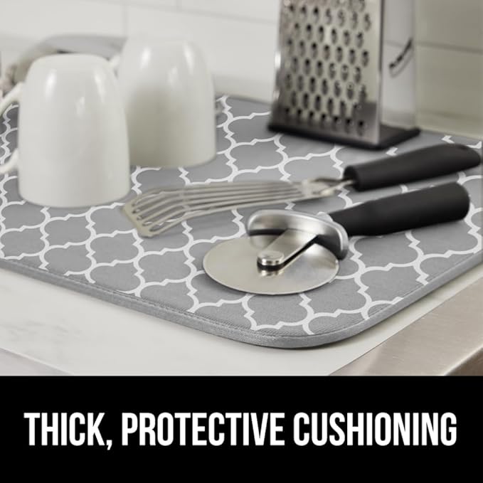 GORILLA GRIP Ultra Water Absorbent Microfiber Dish Drying Mat, 18x24, Quick Dry Thick Mesh, Slip Resistant Pad for Sink Dishes or Under Rack, Kitchen Counter Accessories, Machine Wash Mats, Quatrefoil