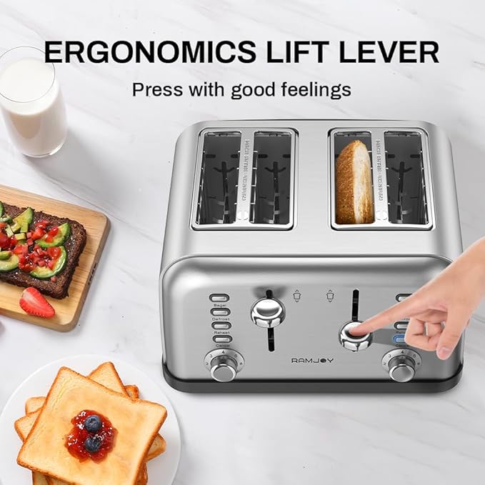 RAMJOY Toaster 4 Slice, Dual Independent Controls, Extra Wide Slot Toasters for Bagel, Bread, Waffles, 7 Shade Settings, 4 Main Functions, Removable Crumb Tray, 1500 Watts, Brushed Stainless Steel