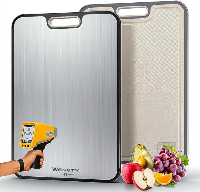 Titanium Cutting Boards for Kitchen, 2-in-1 Double Sided Food-Grade Pure Titanium&Wheat Straw PP, Non-Toxic, Non-Slip, Dishwasher Safe, Ideal for Meat, Vegetables, Fruit(Ti Silvery White, 16"L x 11"W)