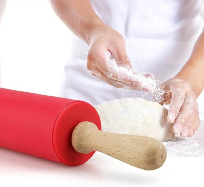 Silicone Rolling Pin Non Stick Surface,Rolling Pins For Baking With Wooden Handle,Dough Roller For Pizza,Bread,French Fondant,dough,Pie Cookie,Handmade Noodles1.97X15.15 (Red)