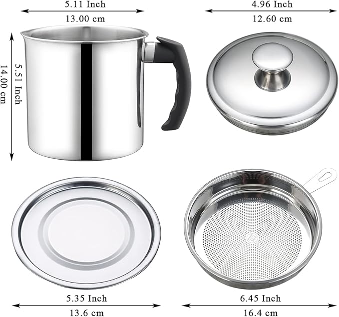 Berglander Bacon Grease Container With Strainer 47oz/1.4L, Stainless Steel Oil Storage Container with Fine Mesh Strainer Dust-proof for Storing Frying Oil and Cooking Fat, Cooker Accessories