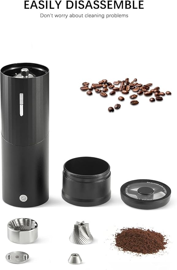 CUFEJORO Electric Coffee Grinders, Portable Burr Grinder Capacity 50g w/Magnetic Cover,External Adjustable Setting, Aluminum Alloy Body, 800mAh Battery(Stand not Included) Black