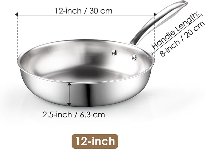 Cook N Home 12-inch Stainless Steel Frying Pan, Tri-Ply Clad 18/10 Stainless Steel Skillet Sauté Cooking Fry Pan, Induction Cookware, Silver