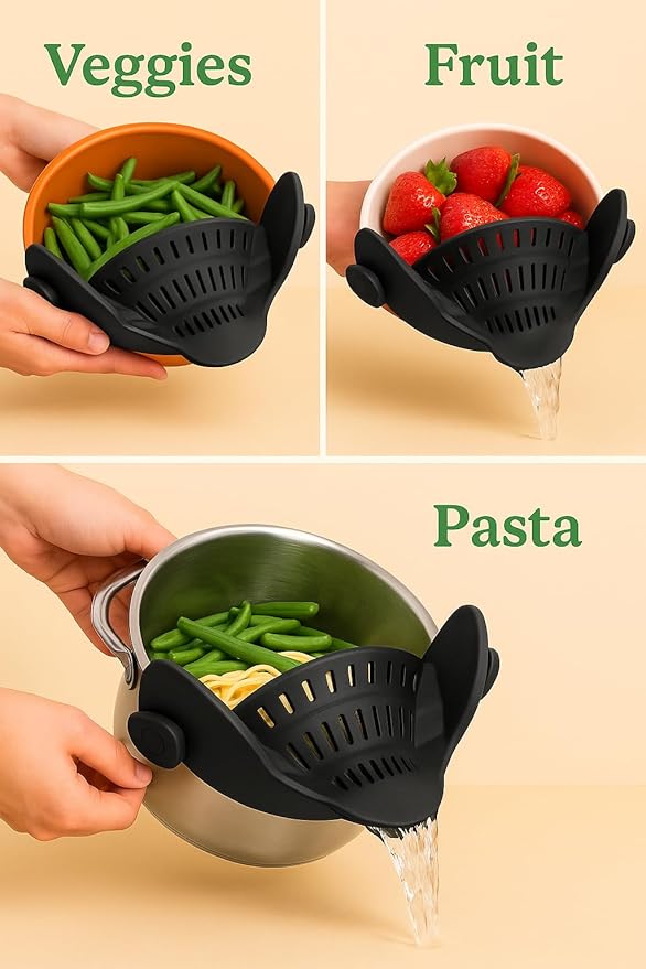 Smart Pots Food Strainer, Clip-On Silicone Colander, Heat-Resistant by TerraHome (Black)