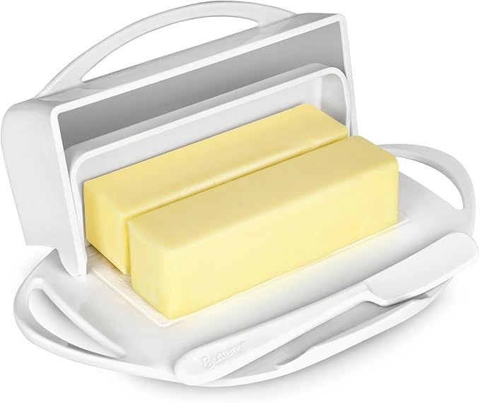 Butterie Flip-Top Butter Dish with Lid & Matching Knife, Holds 2 Sticks/European Butter, No-Mess Butter Holder, Shatterproof, Dishwasher Safe, White