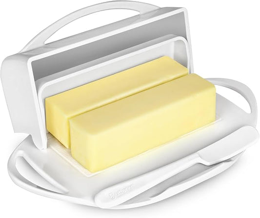 Butterie Flip-Top Butter Dish with Lid & Matching Knife, Holds 2 Sticks/European Butter, No-Mess Butter Holder, Shatterproof, Dishwasher Safe, White