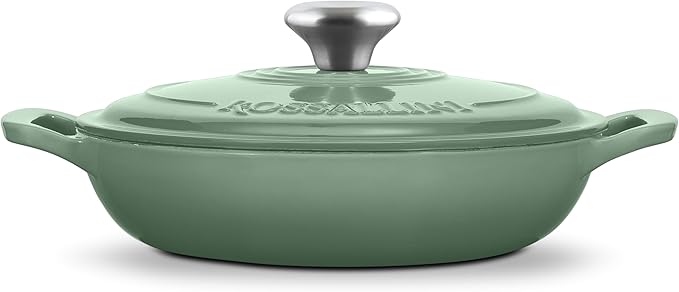 ROSSALLINI Signature Enameled Cast Iron Braiser, Non-Stick Serving Pot with Tight Fitting Lid for Perfect Roasting, Baking, Sauteing, Searing, and Pan Frying | 5Q (4.7L) - Sage