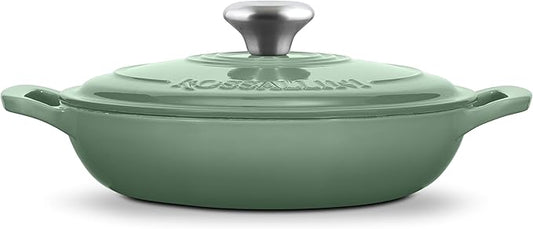 ROSSALLINI Signature Enameled Cast Iron Braiser, Non-Stick Serving Pot with Tight Fitting Lid for Perfect Roasting, Baking, Sauteing, Searing, and Pan Frying | 5Q (4.7L) - Sage