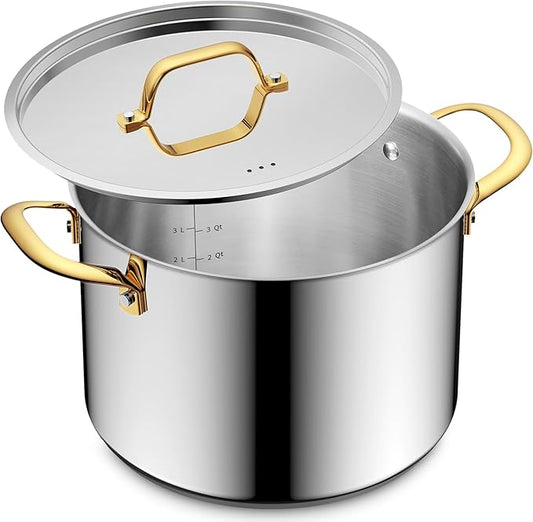 BEZIA 12 Qt Stainless Steel Stock Pot with Lid, Induction Ready Large Soup Pot with Lid, Tri-ply Bottom for Even Heat, Kitchen Cooking Pots for Canning, Stews, and Bulk Cooking