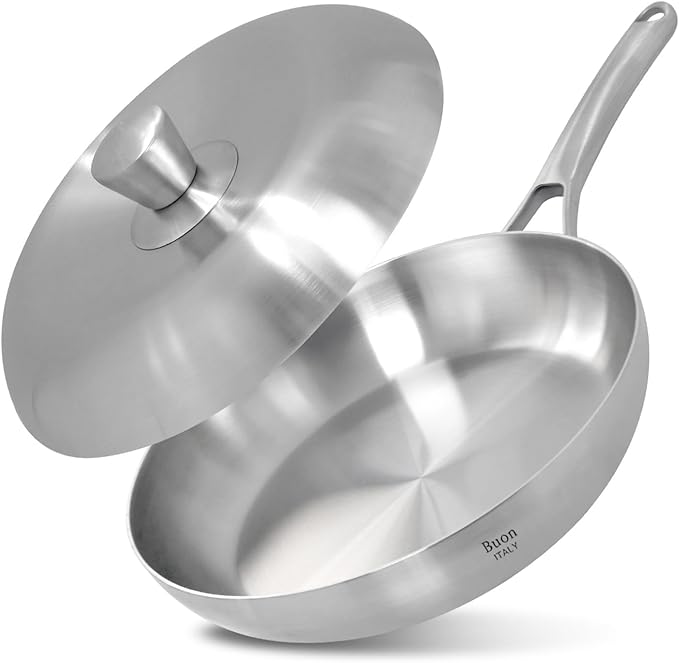 Buon EAT's good 5-Ply Stainless Steel Frying Pan 8 Inch Nonstick Skillet Pan with Lid, Induction Saute Pan for Cooking, Oven Safe Up to 800°F Compatible with All Stovetops
