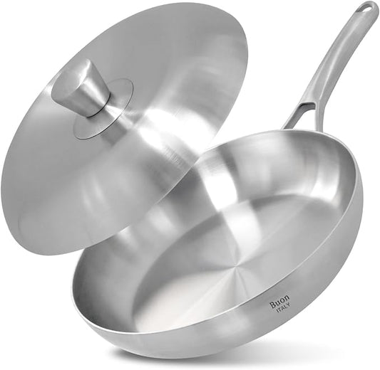Buon EAT's good 5-Ply Stainless Steel Frying Pan 8 Inch Nonstick Skillet Pan with Lid, Induction Saute Pan for Cooking, Oven Safe Up to 800°F Compatible with All Stovetops