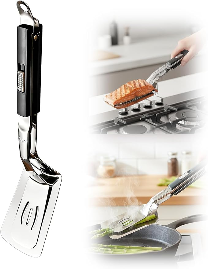 2026 New Stainless Steel Grill Clamp, Upgrade 13.3 Inch Anti-Scald Extended Handle Spatula Tong, Multi-Functional Stainless Steel Barbecue Clamp Food for Flipping Steak Fish Bread BBQ Frying (1pc)
