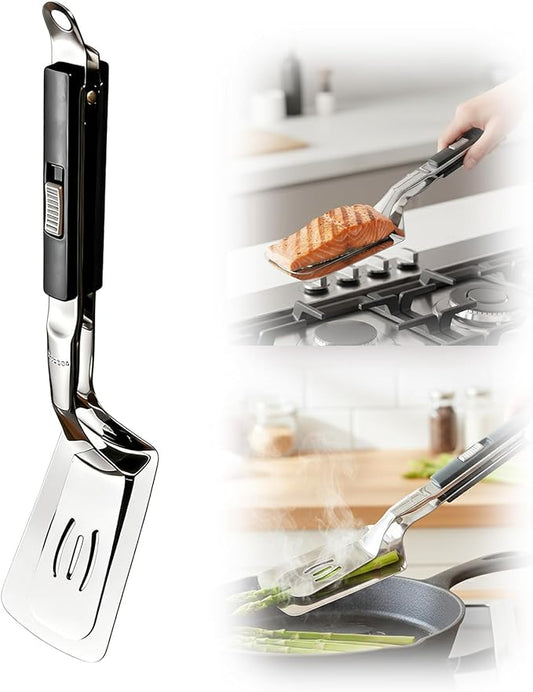 2026 New Stainless Steel Grill Clamp, Upgrade 13.3 Inch Anti-Scald Extended Handle Spatula Tong, Multi-Functional Stainless Steel Barbecue Clamp Food for Flipping Steak Fish Bread BBQ Frying (1pc)
