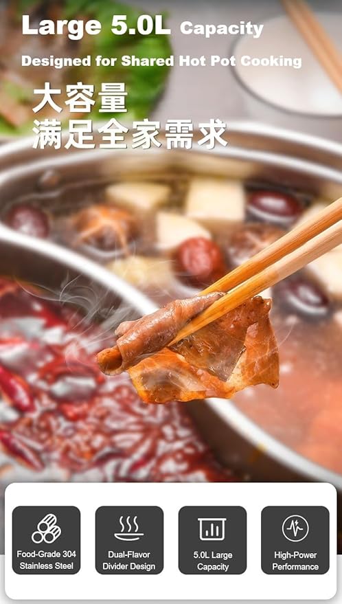 YONGXIN Electric Hot Pot JH-160B-30cm with Divider 304 Stainless Steel, 1400W Dual-Sided Shabu Hot Pot, 4 Liters