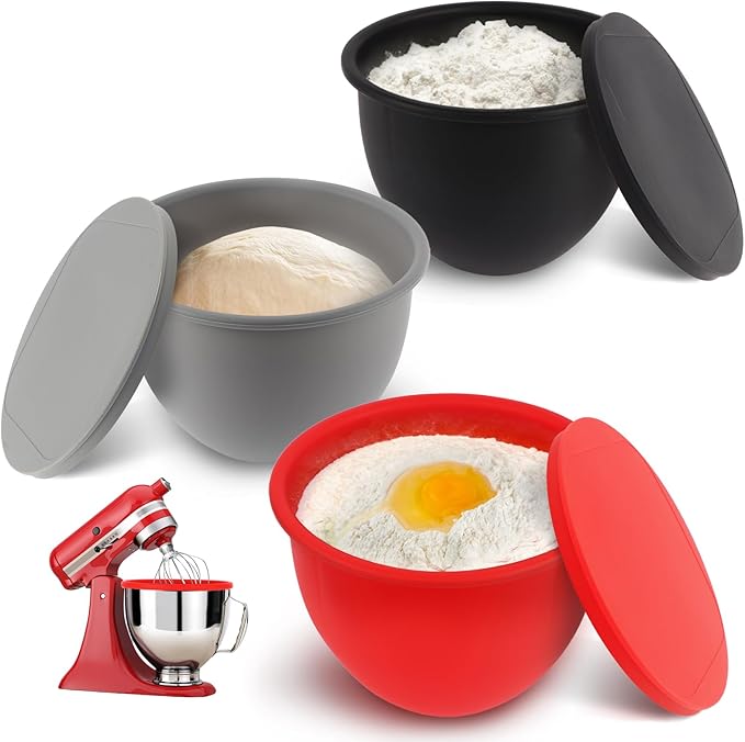5QT Silicone Mixing Bowls with Lids (3 pack) Compatible with 5QT KitchenAid Mixer, Shatterproof, leak-proof design, Non-slip base, Easy-to-clean food storage bowls, Food-grade silicone