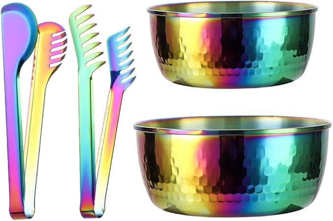 Stainless Steel Mixing Bowls with Food Tongs Set, Meal Prep Metal Mixing Bowls For Home, Refrigerator,and Kitchen Food Storage Organizers - Rainbow
