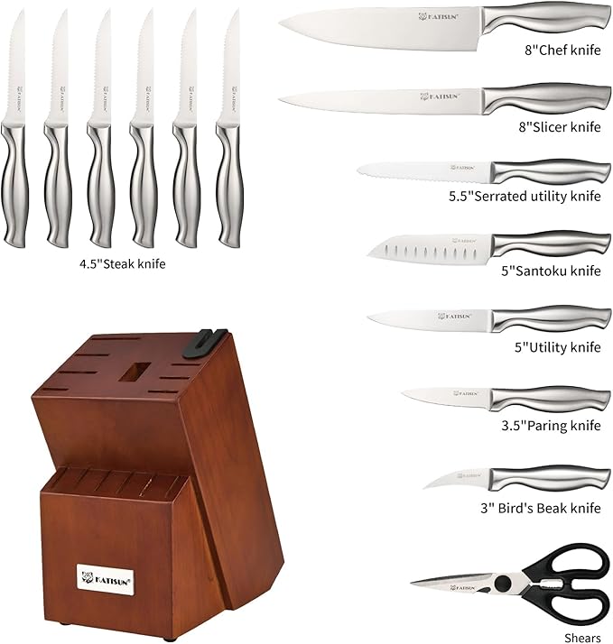 Knife Set, 15-Piece Kitchen Knife Block Sets with Built-in Sharpener, German Stainless Steel Knife Block Set, Dishwasher Safe and Ergonomic