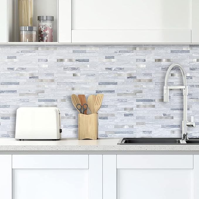 DICOFUN Peel and Stick Backsplash Wall Tiles, 1 Sheet Light Grey Faxu Stone PVC Mixed Metal Kitchen Backsplash Peel and Stick